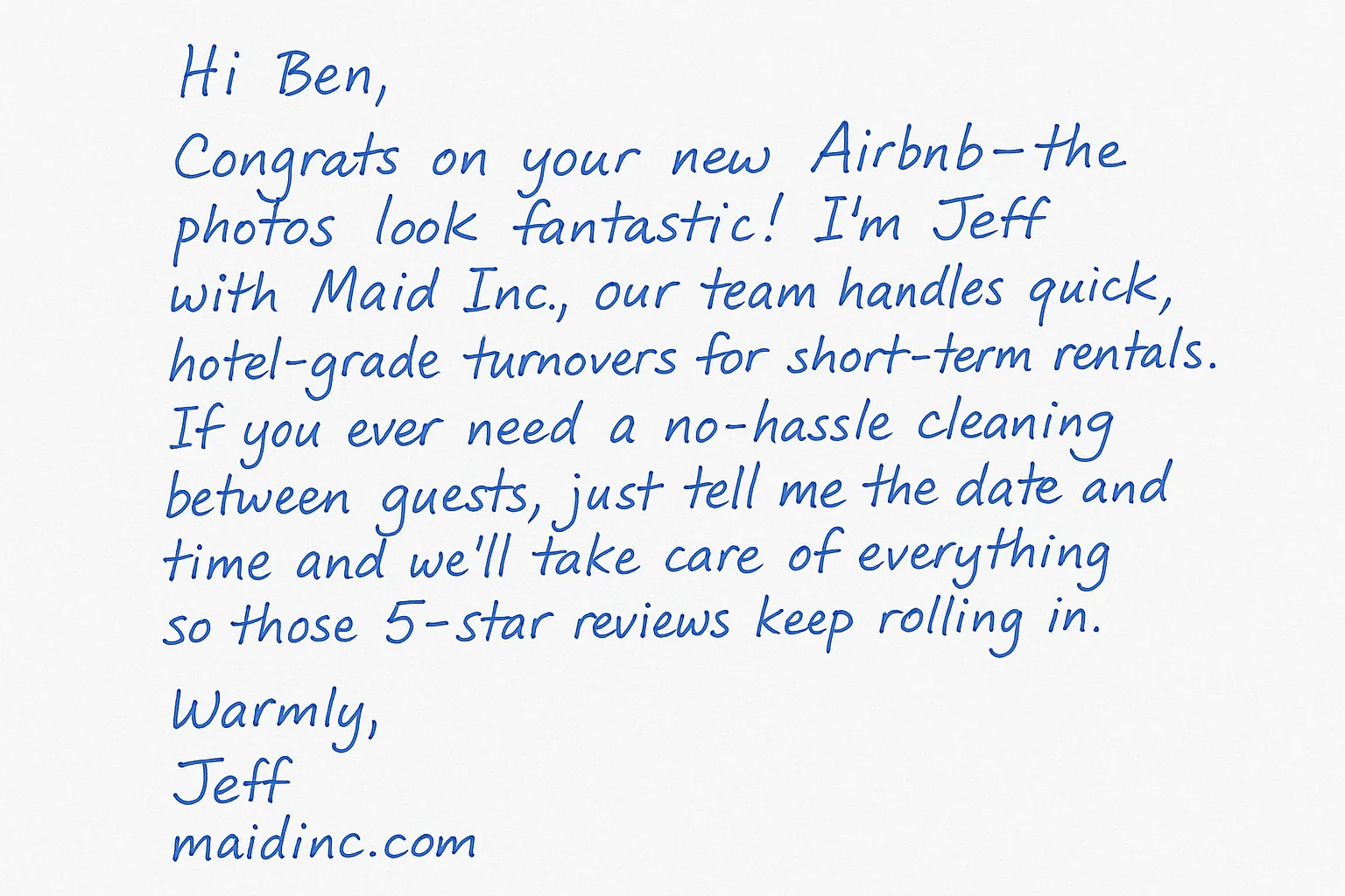 Example handwritten letter from cleaning service to new Airbnb host