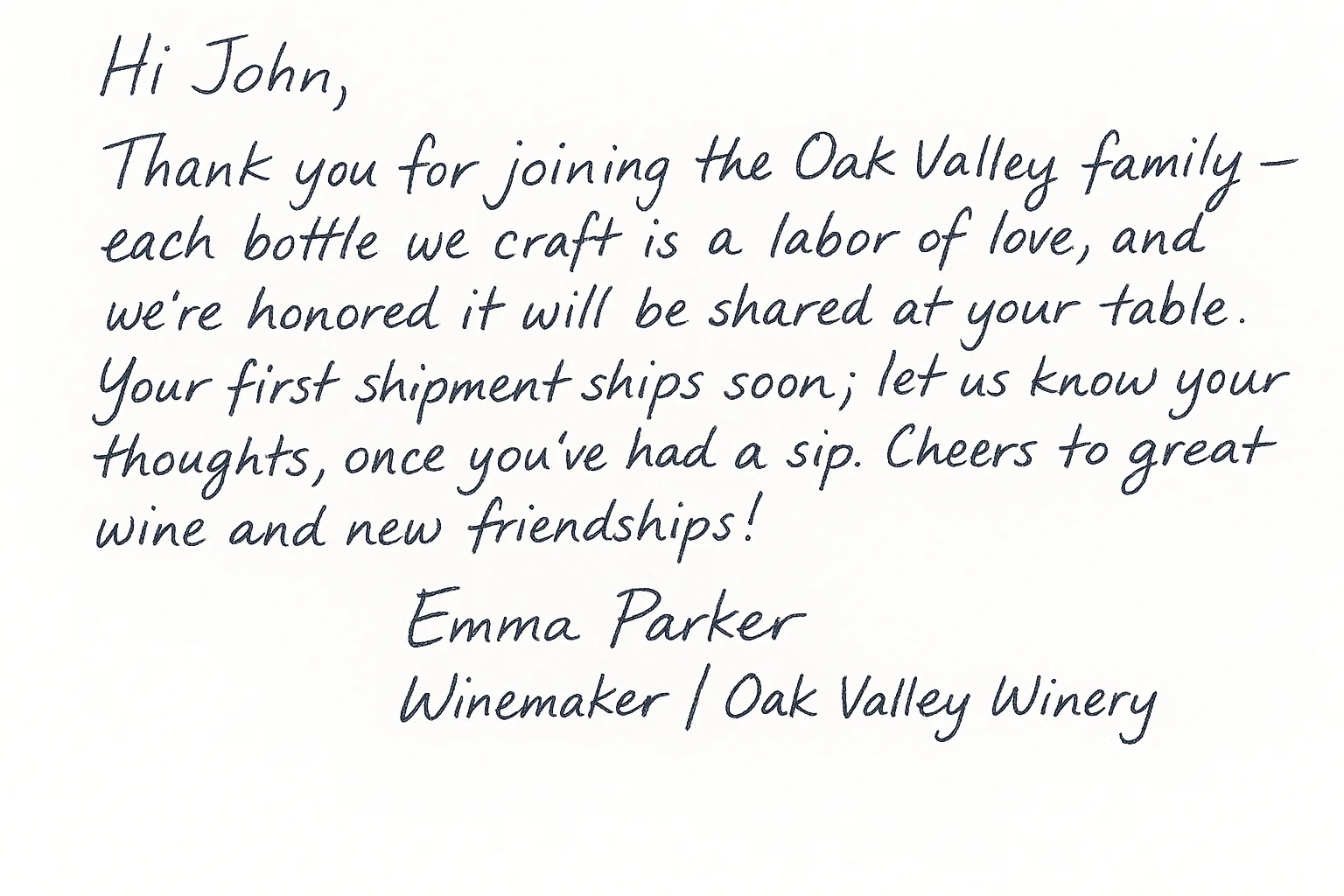 Handwritten wine club welcome note from Oak Valley Winery